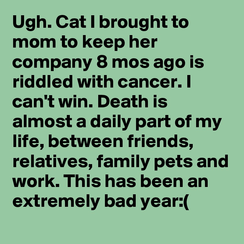Ugh. Cat I brought to mom to keep her company 8 mos ago is riddled with cancer. I can't win. Death is almost a daily part of my life, between friends, relatives, family pets and work. This has been an extremely bad year:(