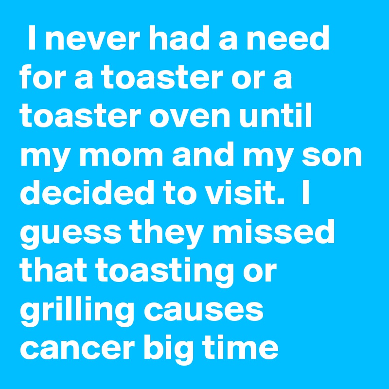  I never had a need for a toaster or a toaster oven until my mom and my son decided to visit.  I guess they missed that toasting or grilling causes cancer big time