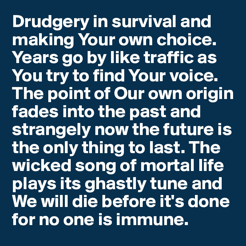 Drudgery in survival and making Your own choice. Years go by like traffic as You try to find Your voice. The point of Our own origin fades into the past and strangely now the future is the only thing to last. The wicked song of mortal life plays its ghastly tune and We will die before it's done for no one is immune.  