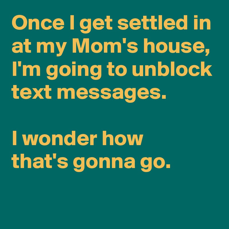 Once I get settled in at my Mom's house,
I'm going to unblock text messages.

I wonder how 
that's gonna go.
