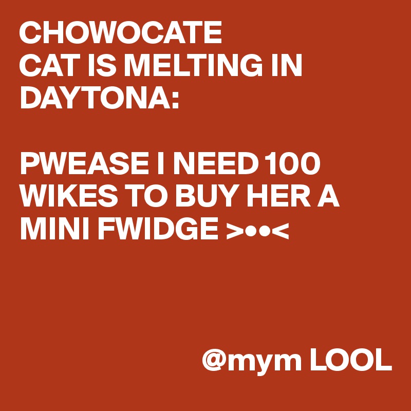CHOWOCATE
CAT IS MELTING IN DAYTONA:

PWEASE I NEED 100 WIKES TO BUY HER A MINI FWIDGE >••< 



                            @mym LOOL 
