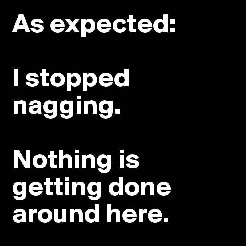 As expected:

I stopped nagging.

Nothing is getting done around here.