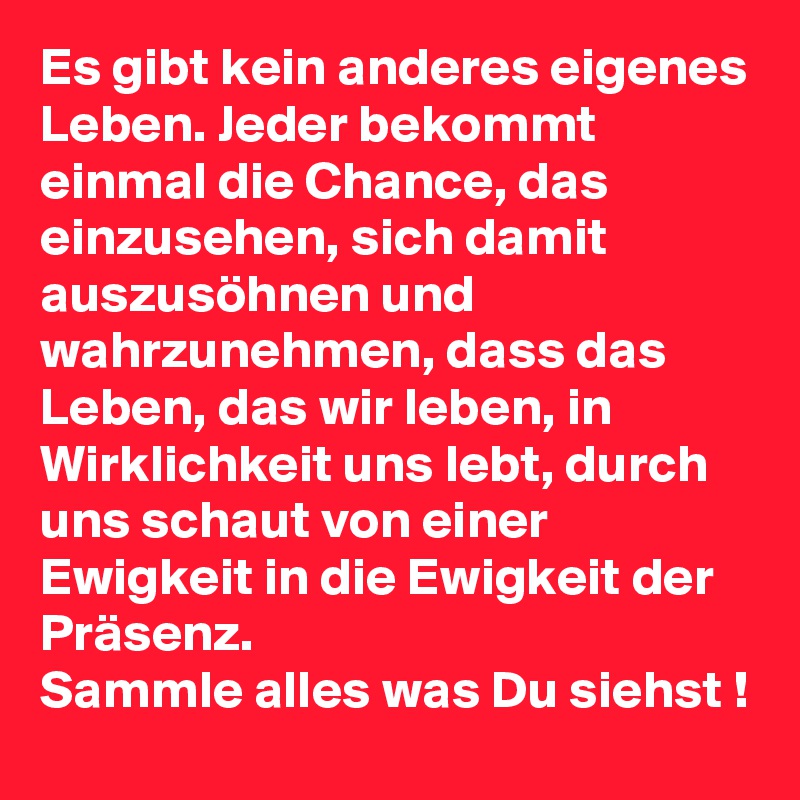 Es gibt kein anderes eigenes Leben. Jeder bekommt einmal die Chance, das einzusehen, sich damit auszusöhnen und wahrzunehmen, dass das Leben, das wir leben, in Wirklichkeit uns lebt, durch uns schaut von einer Ewigkeit in die Ewigkeit der Präsenz. 
Sammle alles was Du siehst !