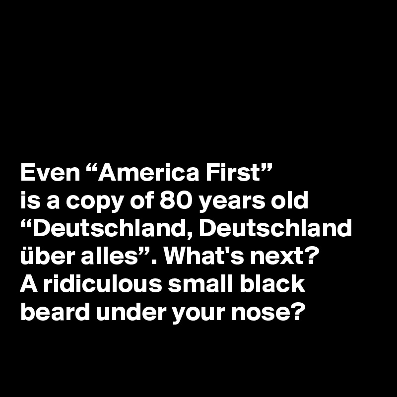 




Even “America First” 
is a copy of 80 years old “Deutschland, Deutschland über alles”. What's next? 
A ridiculous small black beard under your nose?
