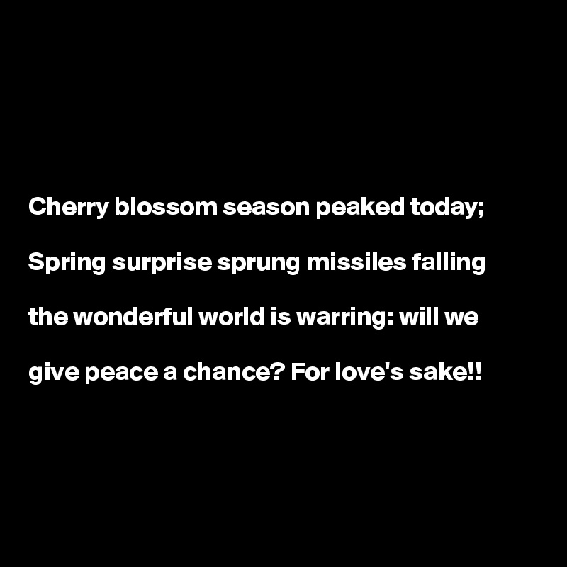 





Cherry blossom season peaked today;

Spring surprise sprung missiles falling

the wonderful world is warring: will we

give peace a chance? For love's sake!!  




