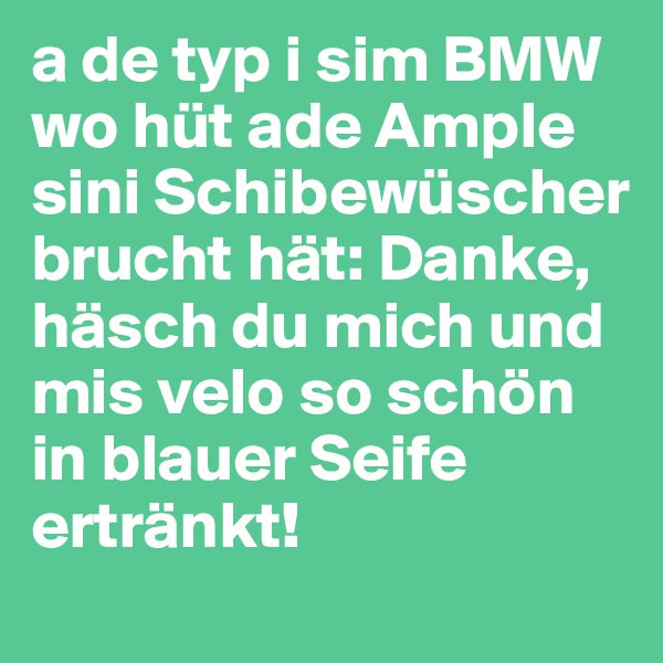 a de typ i sim BMW wo hüt ade Ample sini Schibewüscher brucht hät: Danke, häsch du mich und mis velo so schön in blauer Seife ertränkt! 