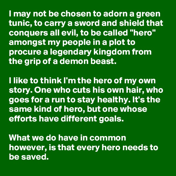I may not be chosen to adorn a green tunic, to carry a sword and shield that conquers all evil, to be called "hero" amongst my people in a plot to procure a legendary kingdom from the grip of a demon beast.

I like to think I'm the hero of my own story. One who cuts his own hair, who goes for a run to stay healthy. It's the same kind of hero, but one whose efforts have different goals.

What we do have in common however, is that every hero needs to be saved.