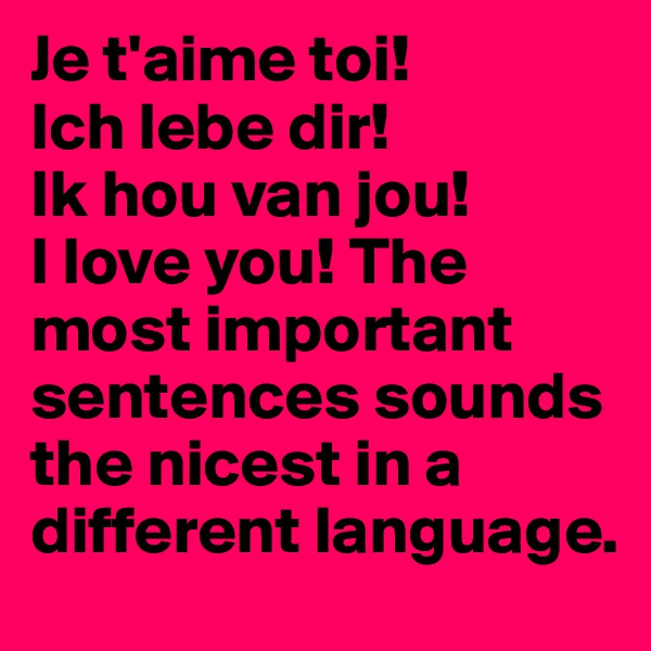 Je t'aime toi! 
Ich lebe dir!
Ik hou van jou!
I love you! The most important sentences sounds the nicest in a different language.