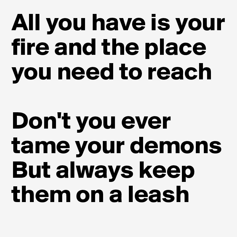 All you have is your fire and the place you need to reach

Don't you ever tame your demons
But always keep them on a leash