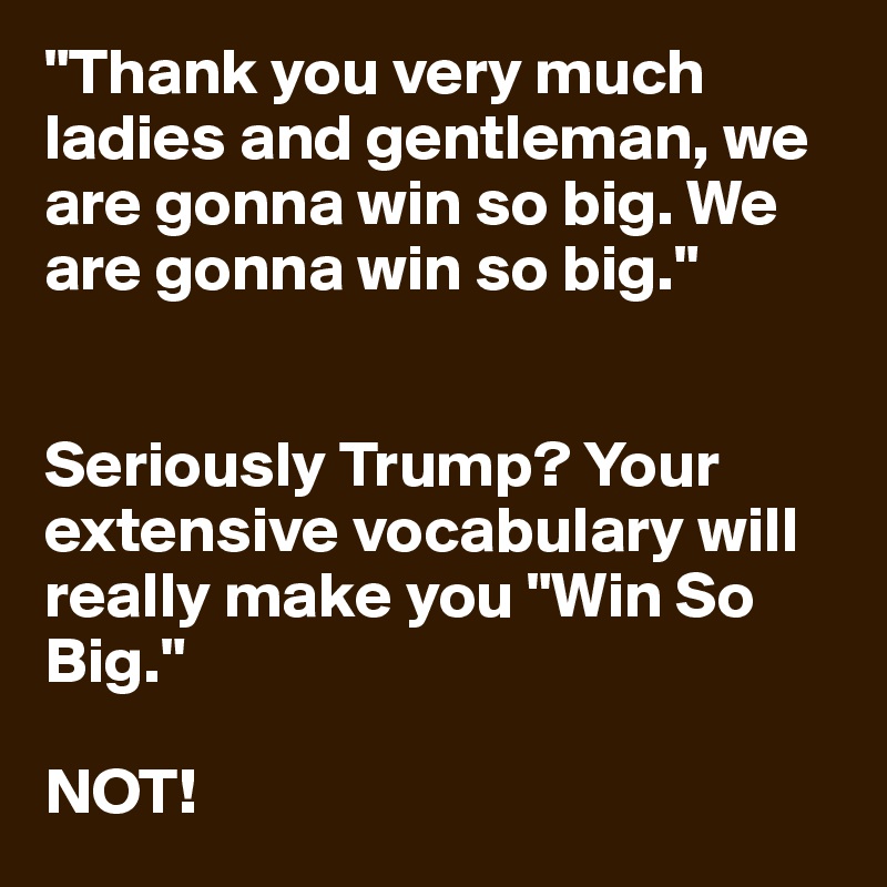 "Thank you very much ladies and gentleman, we are gonna win so big. We are gonna win so big."


Seriously Trump? Your extensive vocabulary will really make you "Win So Big."

NOT! 