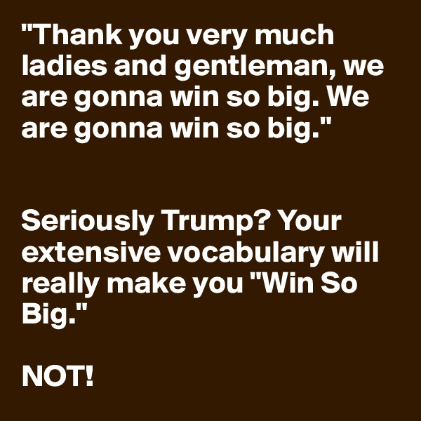 "Thank you very much ladies and gentleman, we are gonna win so big. We are gonna win so big."


Seriously Trump? Your extensive vocabulary will really make you "Win So Big."

NOT! 
