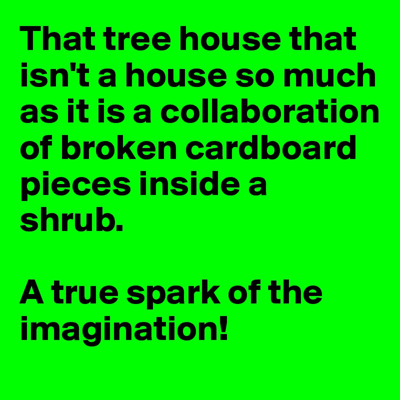 That tree house that isn't a house so much as it is a collaboration of broken cardboard pieces inside a shrub.

A true spark of the imagination!