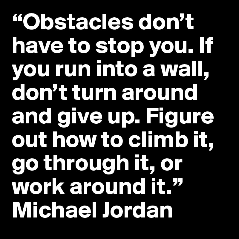 “Obstacles don’t have to stop you. If you run into a wall, don’t turn around and give up. Figure out how to climb it, go through it, or work around it.”  Michael Jordan