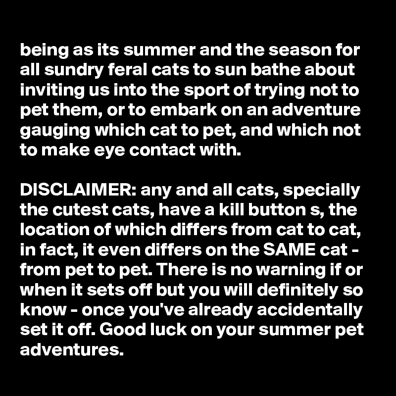 
being as its summer and the season for all sundry feral cats to sun bathe about inviting us into the sport of trying not to pet them, or to embark on an adventure gauging which cat to pet, and which not to make eye contact with.

DISCLAIMER: any and all cats, specially the cutest cats, have a kill button s, the location of which differs from cat to cat, in fact, it even differs on the SAME cat - from pet to pet. There is no warning if or when it sets off but you will definitely so know - once you've already accidentally set it off. Good luck on your summer pet adventures.