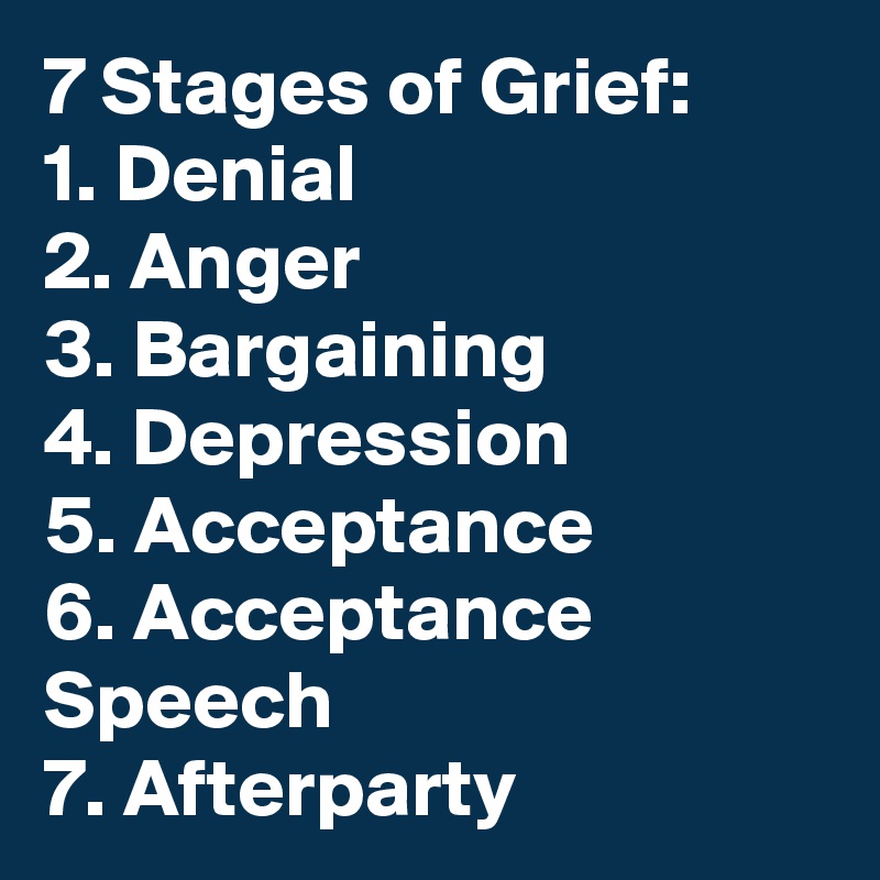 7 Stages of Grief: 1. Denial 2. Anger 3. Bargaining 4. Depression 5 ...