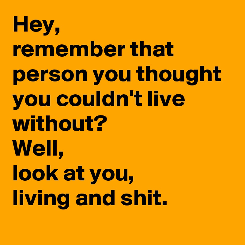 Hey, 
remember that person you thought you couldn't live without?
Well, 
look at you, 
living and shit. 
