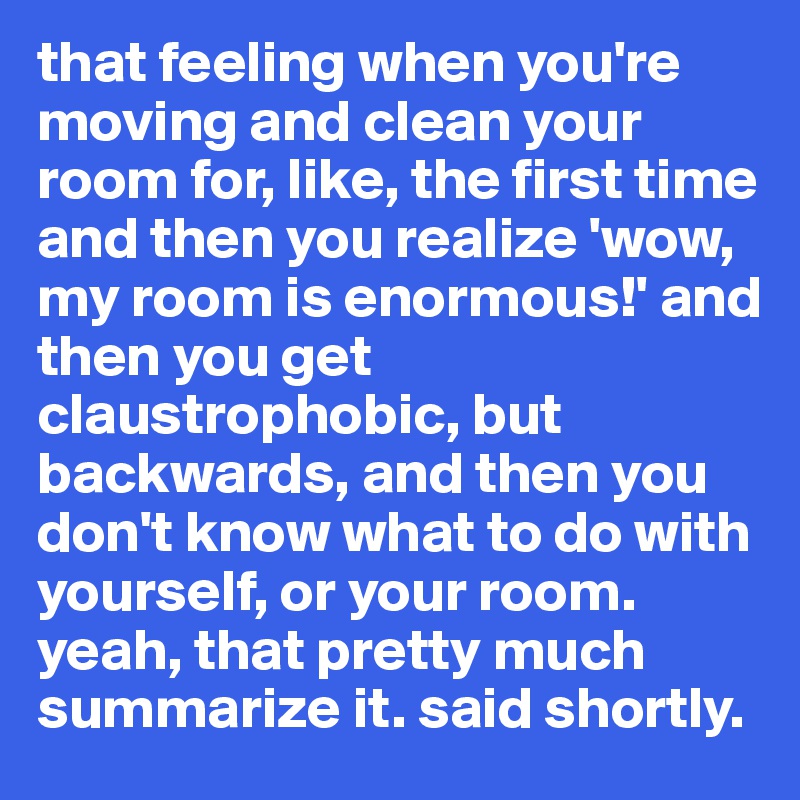 that feeling when you're moving and clean your room for, like, the first time and then you realize 'wow, my room is enormous!' and then you get claustrophobic, but backwards, and then you don't know what to do with yourself, or your room. yeah, that pretty much summarize it. said shortly. 