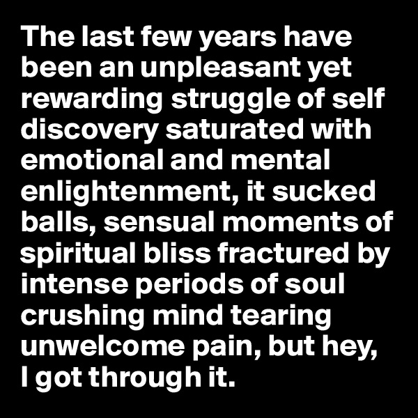 The last few years have been an unpleasant yet rewarding struggle of self discovery saturated with emotional and mental enlightenment, it sucked balls, sensual moments of spiritual bliss fractured by intense periods of soul crushing mind tearing unwelcome pain, but hey, 
I got through it.