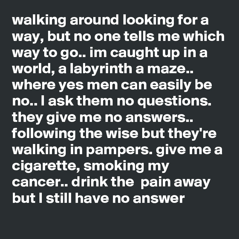 walking around looking for a way, but no one tells me which way to go.. im caught up in a world, a labyrinth a maze.. where yes men can easily be no.. I ask them no questions. they give me no answers.. following the wise but they're walking in pampers. give me a cigarette, smoking my cancer.. drink the  pain away but I still have no answer