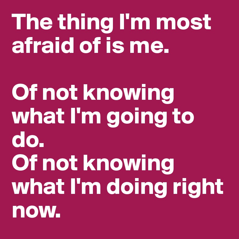 The thing I'm most afraid of is me.

Of not knowing what I'm going to do.
Of not knowing what I'm doing right now.