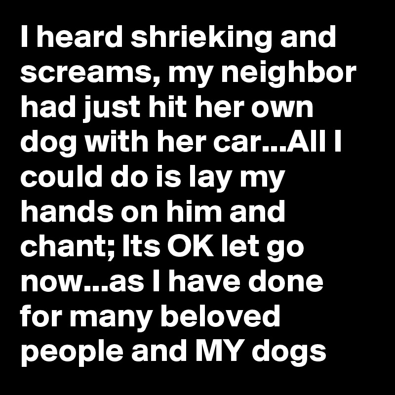 I heard shrieking and screams, my neighbor had just hit her own dog with her car...All I could do is lay my hands on him and chant; Its OK let go now...as I have done for many beloved  people and MY dogs