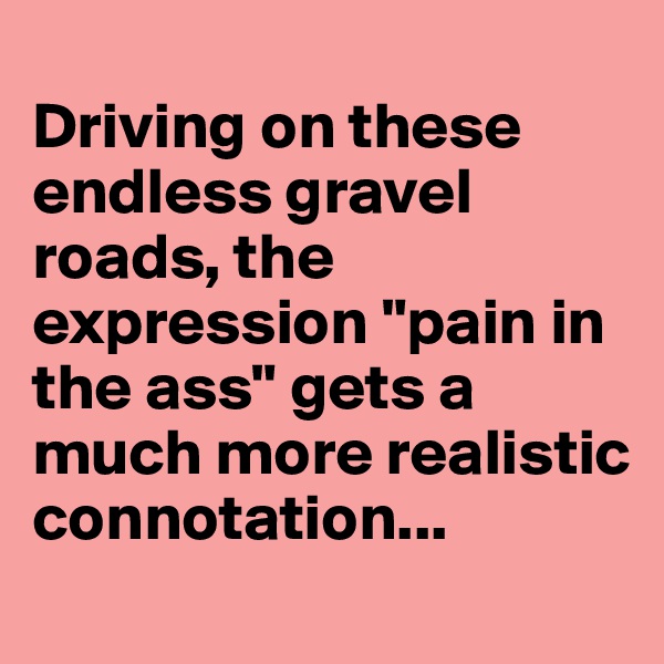 
Driving on these endless gravel roads, the expression "pain in the ass" gets a much more realistic connotation...