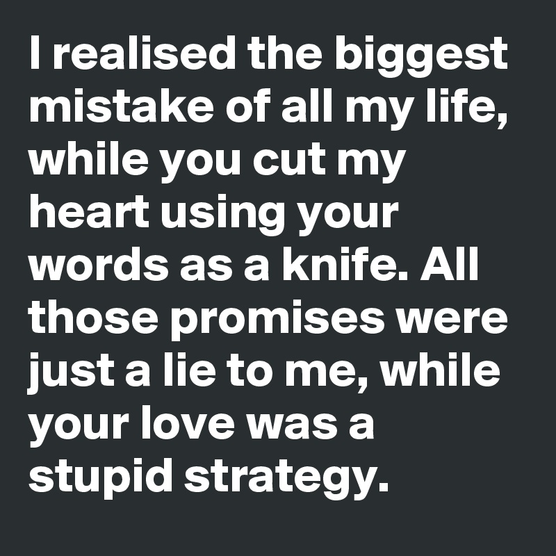 I realised the biggest mistake of all my life, while you cut my heart using your words as a knife. All those promises were just a lie to me, while your love was a stupid strategy.