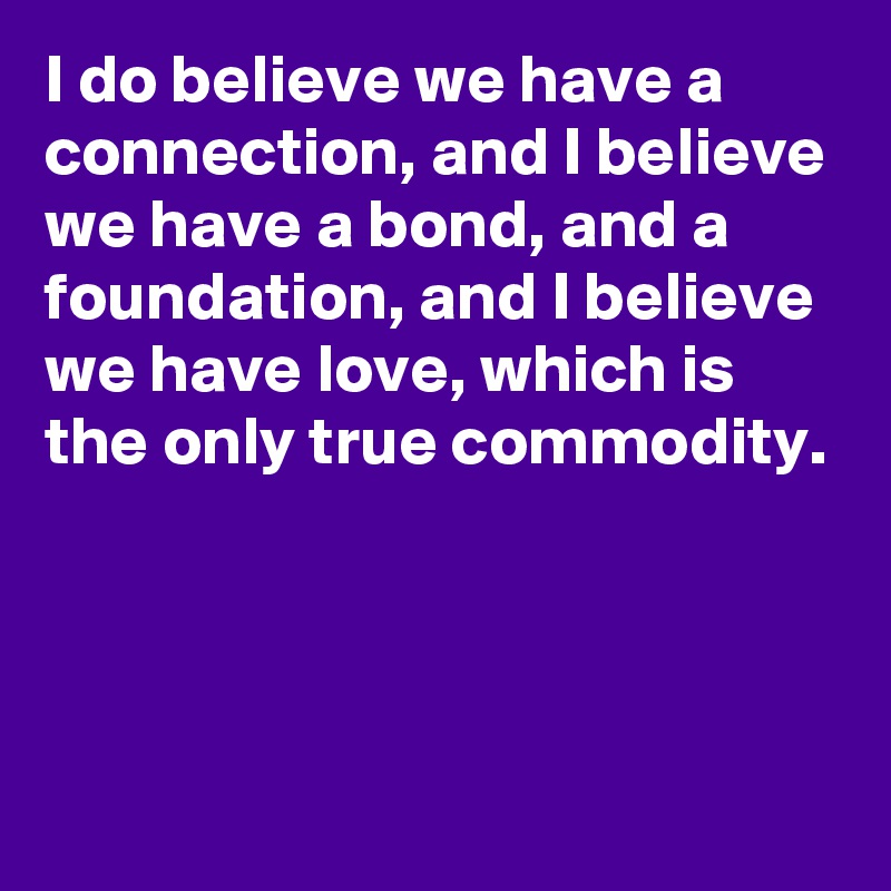 I do believe we have a connection, and I believe we have a bond, and a foundation, and I believe we have love, which is the only true commodity.




