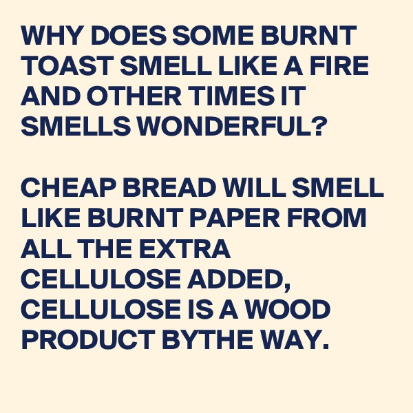 WHY DOES SOME BURNT TOAST SMELL LIKE A FIRE AND OTHER TIMES IT SMELLS WONDERFUL?

CHEAP BREAD WILL SMELL LIKE BURNT PAPER FROM ALL THE EXTRA CELLULOSE ADDED, 
CELLULOSE IS A WOOD PRODUCT BYTHE WAY. 
