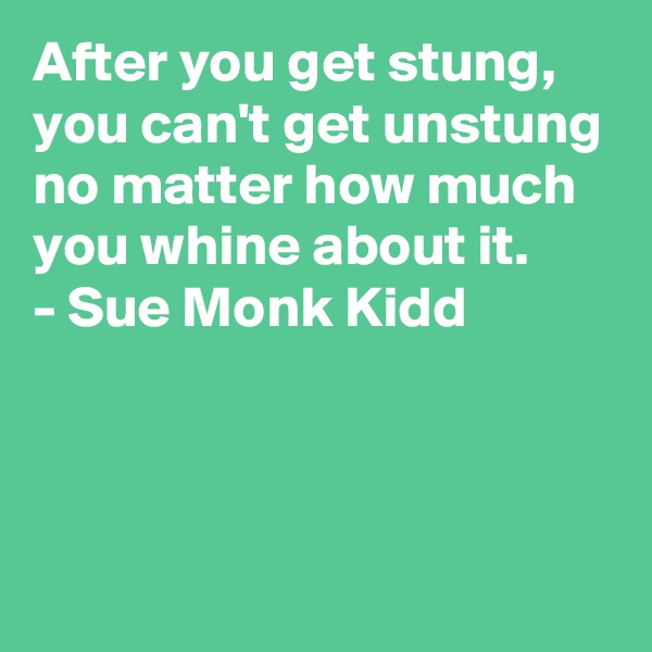 After you get stung, you can't get unstung no matter how much you whine about it.
- Sue Monk Kidd



