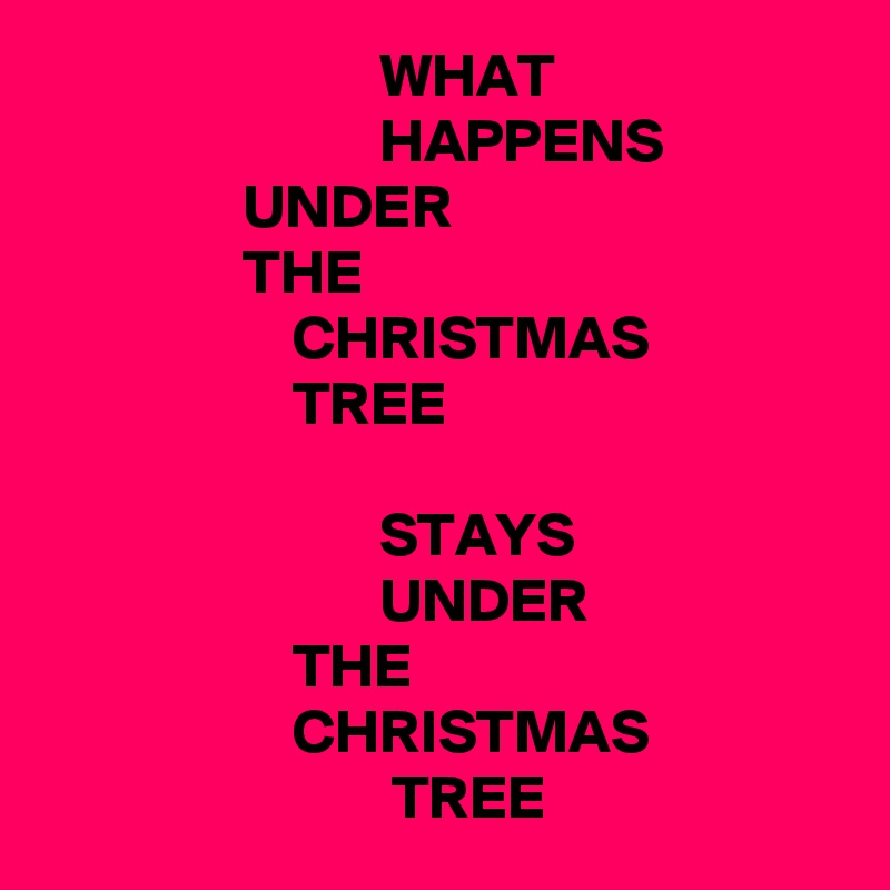                            WHAT
                           HAPPENS
                UNDER
                THE
                    CHRISTMAS
                    TREE

                           STAYS
                           UNDER
                    THE
                    CHRISTMAS
                            TREE