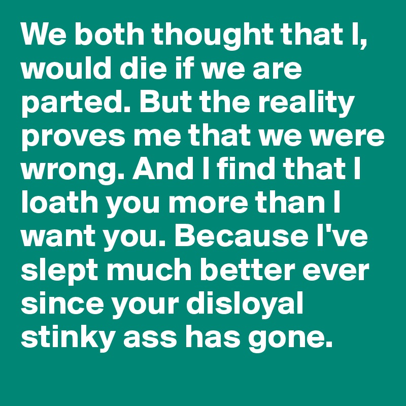 We both thought that l, would die if we are parted. But the reality proves me that we were wrong. And l find that I loath you more than l want you. Because I've slept much better ever since your disloyal stinky ass has gone. 