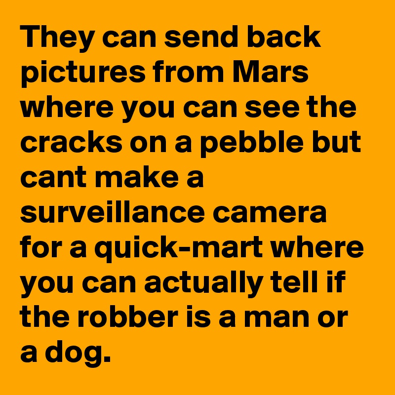 They can send back pictures from Mars where you can see the cracks on a pebble but cant make a surveillance camera for a quick-mart where you can actually tell if the robber is a man or a dog.