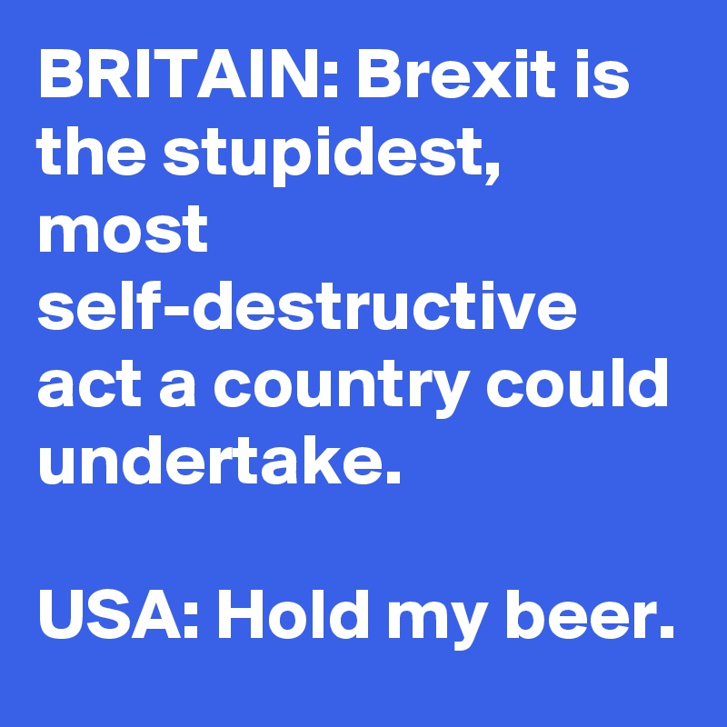 BRITAIN: Brexit is the stupidest, most self-destructive act a country could undertake.

USA: Hold my beer.