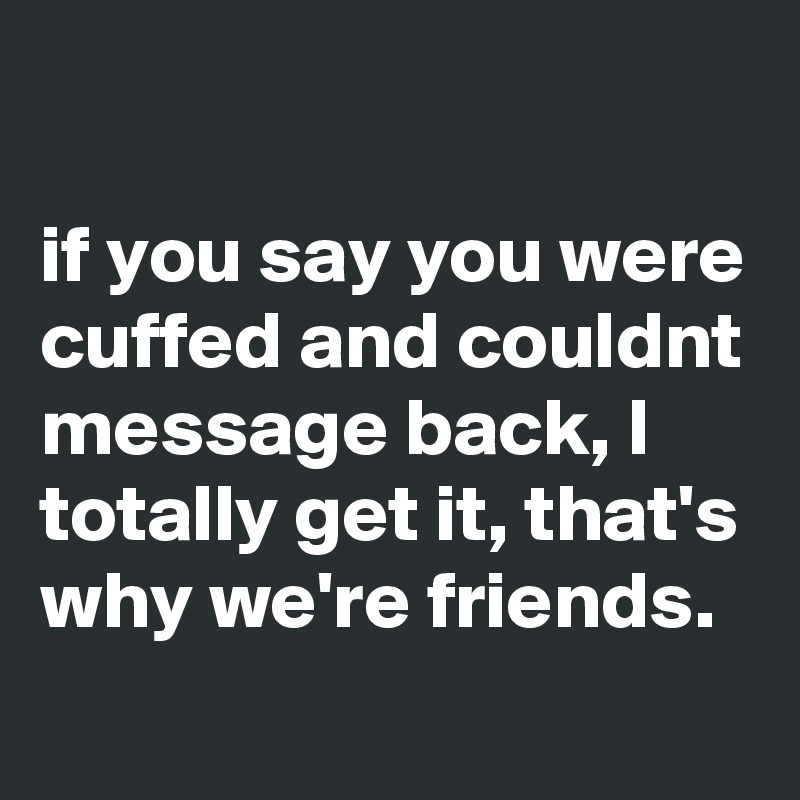 

if you say you were cuffed and couldnt message back, I totally get it, that's why we're friends.
