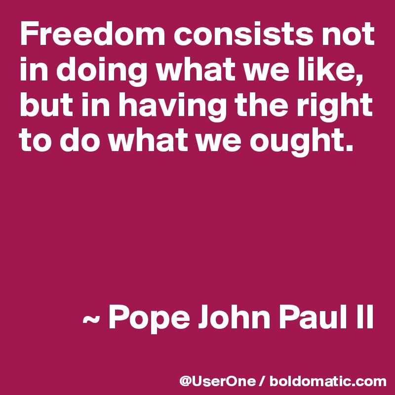 Freedom consists not in doing what we like, but in having the right to do what we ought. 




         ~ Pope John Paul II