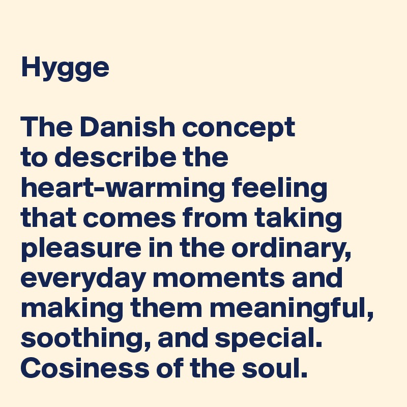 
Hygge 

The Danish concept 
to describe the 
heart-warming feeling that comes from taking pleasure in the ordinary,
everyday moments and making them meaningful, 
soothing, and special. 
Cosiness of the soul.