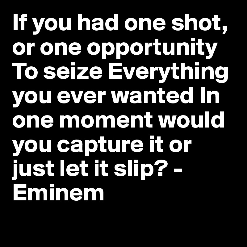 If you had one shot, or one opportunity To seize Everything you ever wanted In one moment would you capture it or just let it slip? -Eminem
