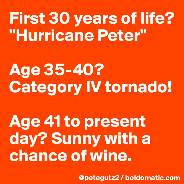 First 30 years of life? "Hurricane Peter"

Age 35-40? Category IV tornado!

Age 41 to present day? Sunny with a chance of wine.