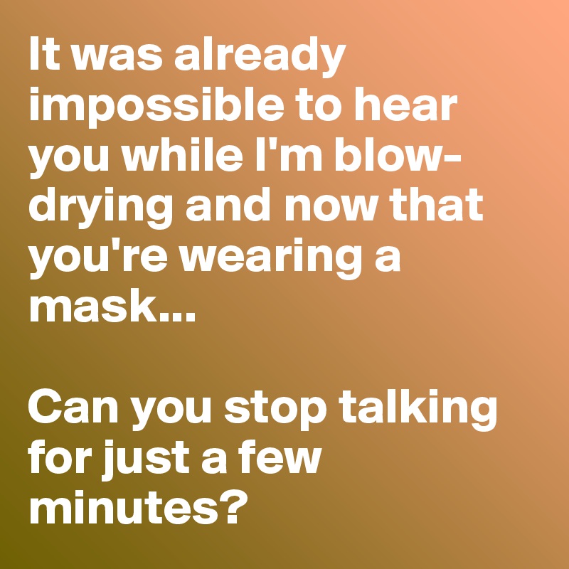 It was already impossible to hear you while I'm blow-drying and now that you're wearing a mask... 

Can you stop talking for just a few minutes? 