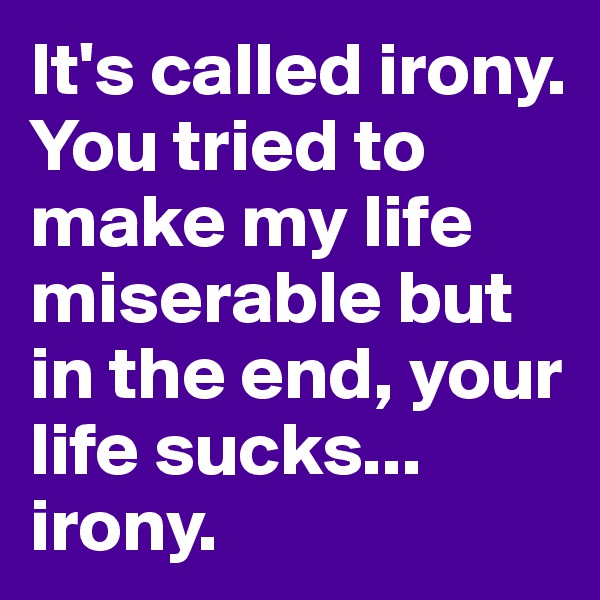 It's called irony. You tried to make my life miserable but in the end, your life sucks... irony.