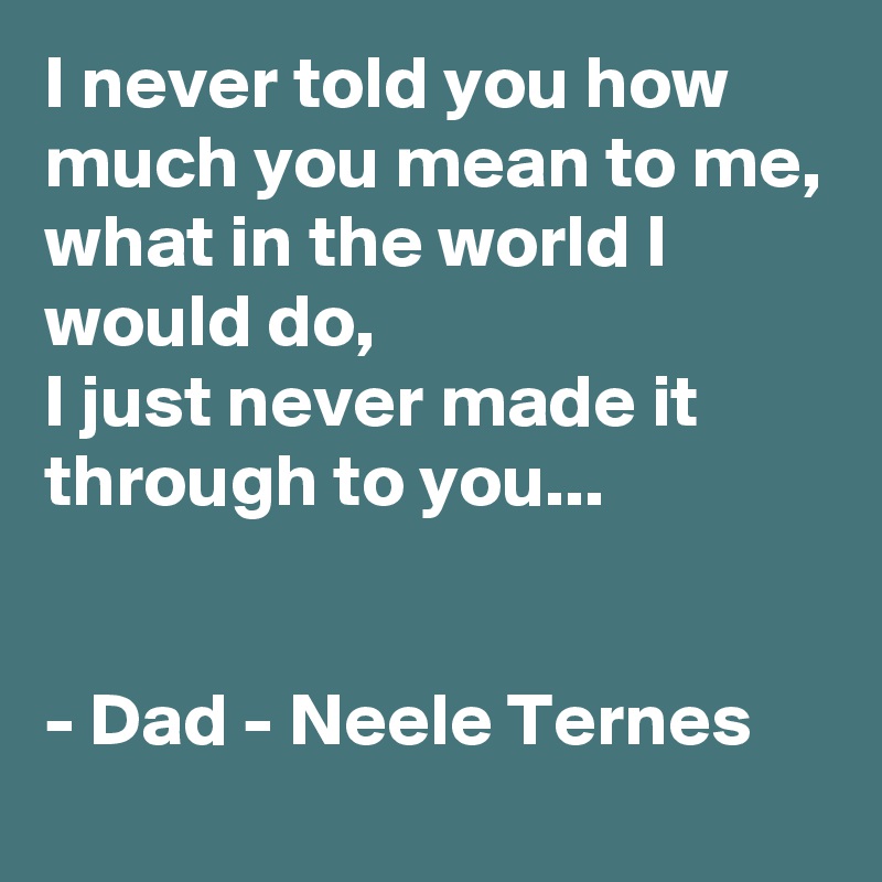 I never told you how much you mean to me,
what in the world I would do,
I just never made it through to you...


- Dad - Neele Ternes 