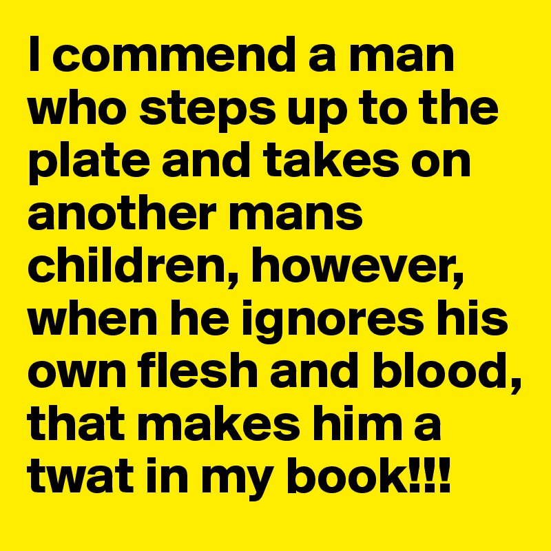 I commend a man who steps up to the plate and takes on another mans children, however, when he ignores his own flesh and blood, that makes him a twat in my book!!!