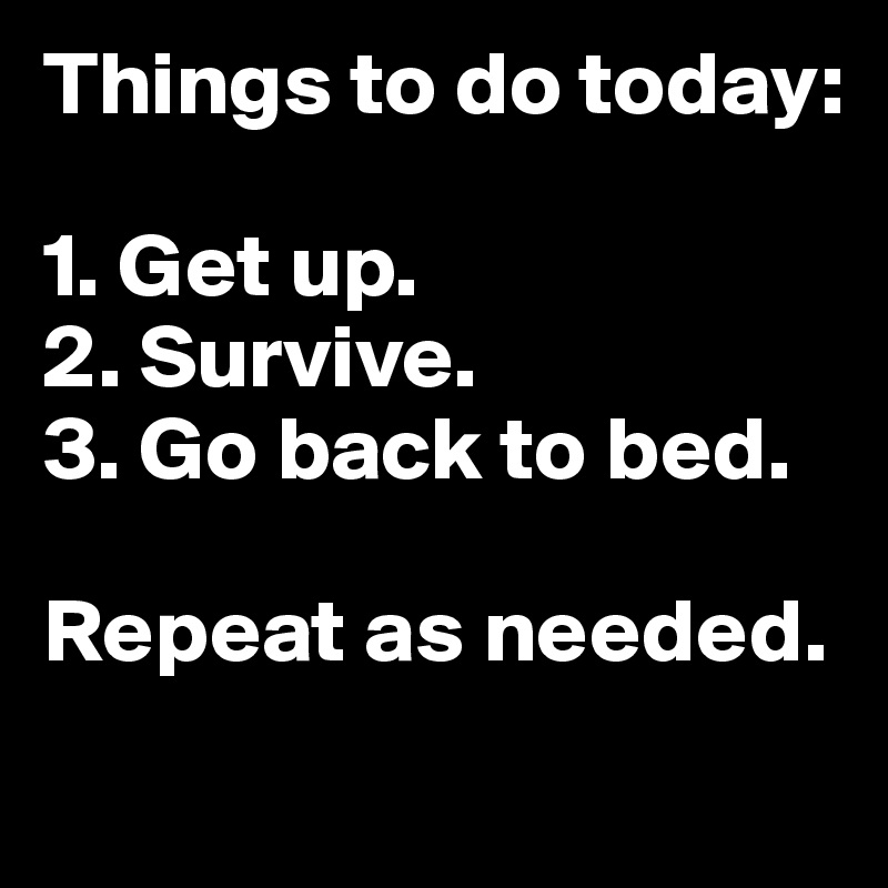 Things to do today:

1. Get up.
2. Survive.
3. Go back to bed.

Repeat as needed.
