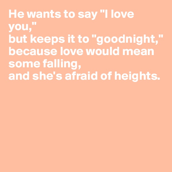 He wants to say "I love you,"
but keeps it to "goodnight,"
because love would mean some falling,
and she's afraid of heights. 





