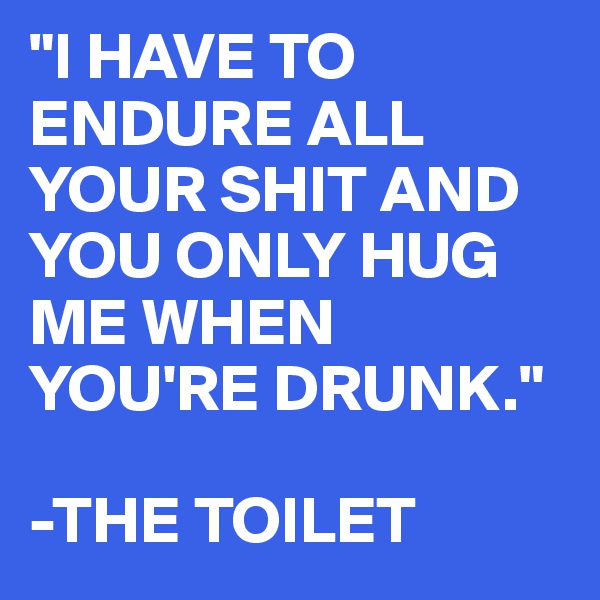 "I HAVE TO ENDURE ALL YOUR SHIT AND YOU ONLY HUG ME WHEN YOU'RE DRUNK."

-THE TOILET