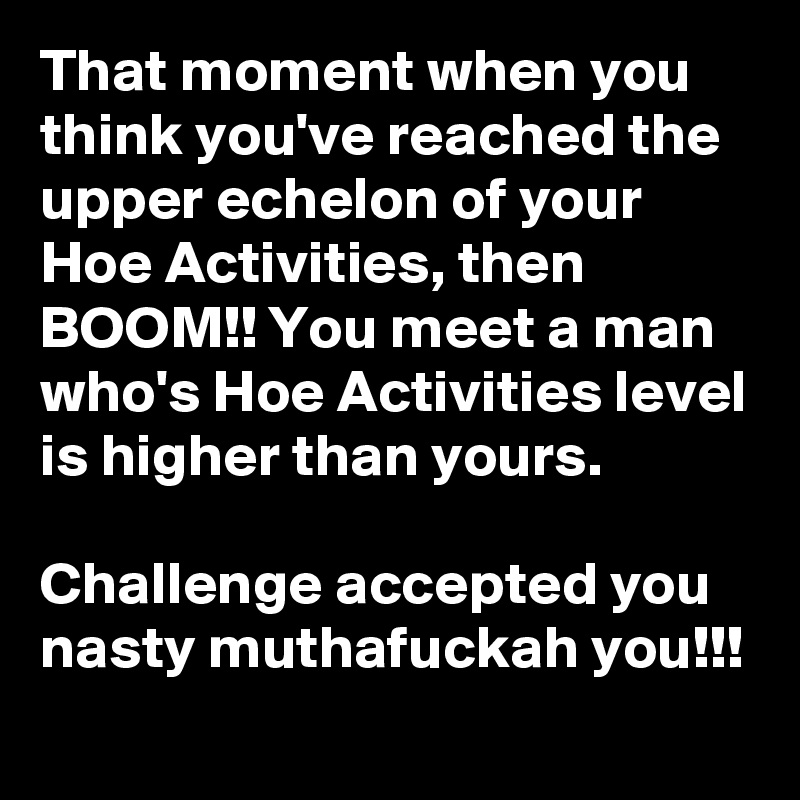 That moment when you think you've reached the upper echelon of your Hoe Activities, then BOOM!! You meet a man who's Hoe Activities level is higher than yours.

Challenge accepted you nasty muthafuckah you!!! 