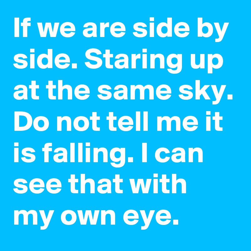 If we are side by side. Staring up at the same sky. Do not tell me it is falling. I can see that with my own eye. 
