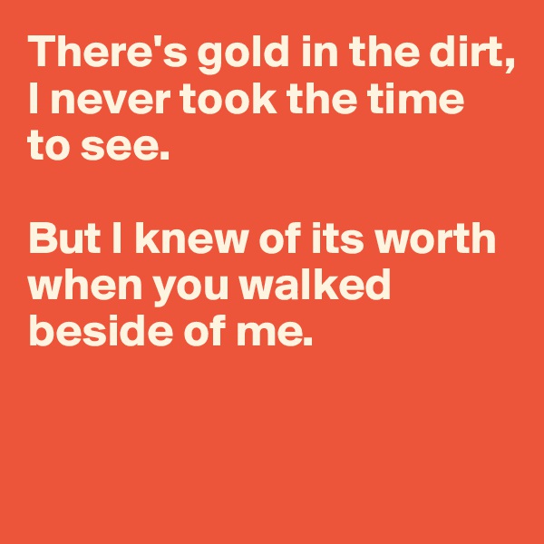 There's gold in the dirt, 
I never took the time to see. 

But I knew of its worth when you walked beside of me. 


