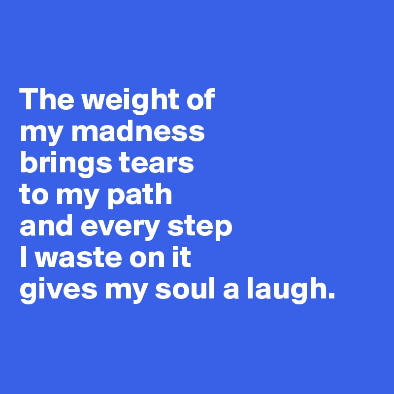 

The weight of 
my madness 
brings tears 
to my path 
and every step
I waste on it 
gives my soul a laugh.

